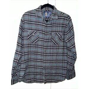 Rugby University Blue Gray Button Mens Medium Flannel Shirt Plaid Cotton Casual